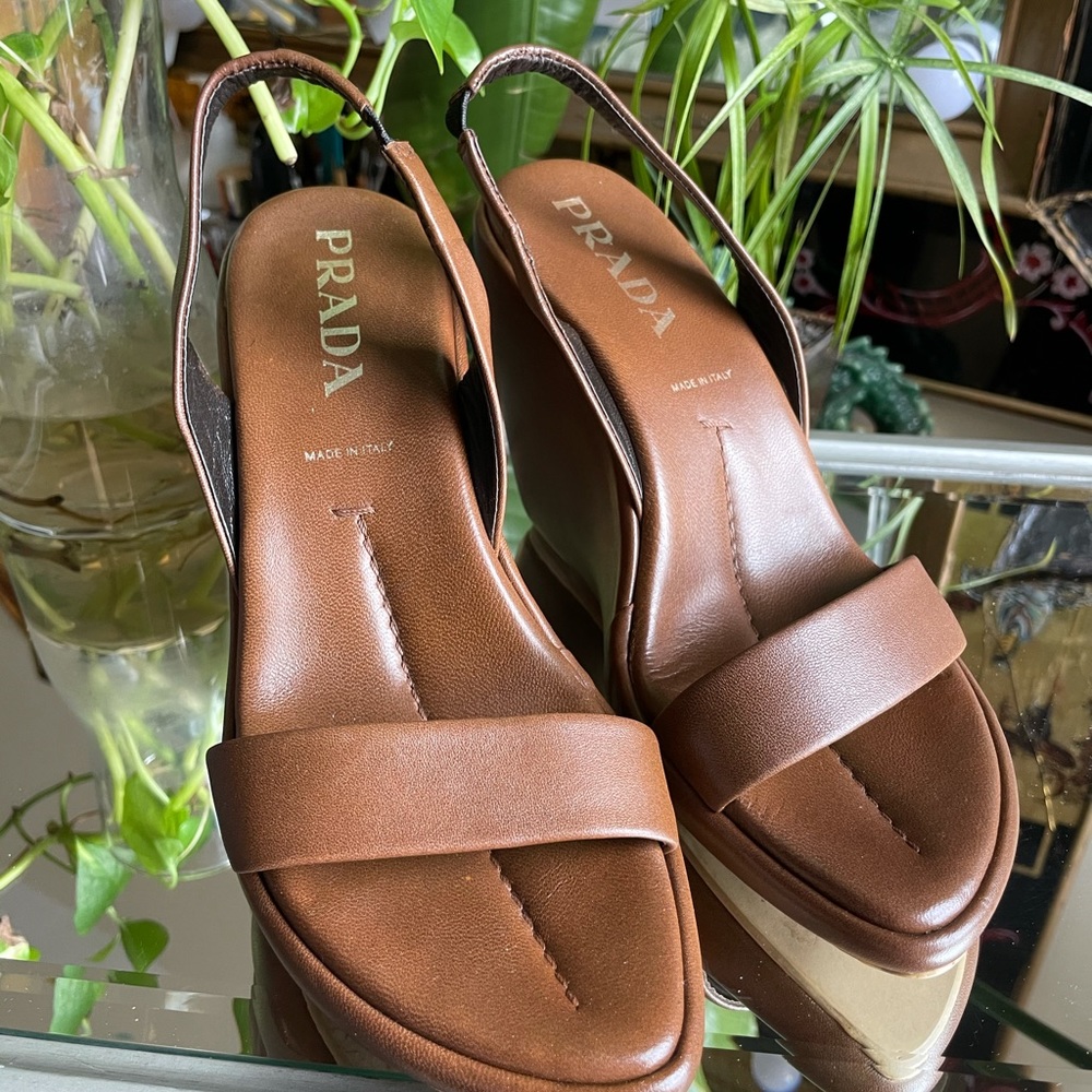 Prada
Brown Leather Slingback Wedge 
Sandals 
38.5 - Picture 11 of 16